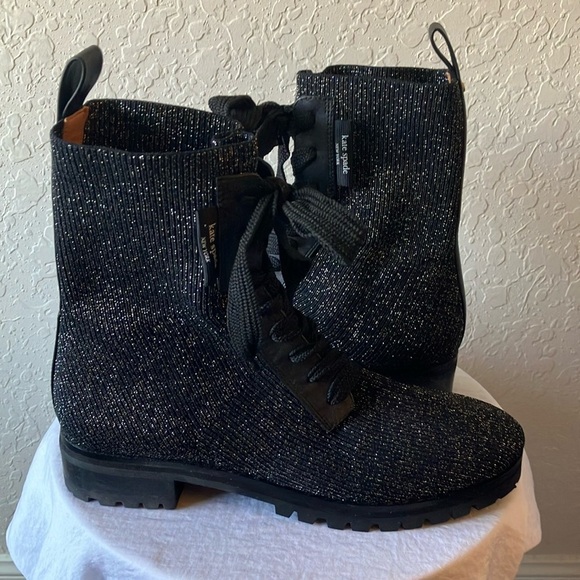 Kate Spade: Merigue Black Glitter Lace-Up Ankle Boots- 8 - Picture 1 of 16
